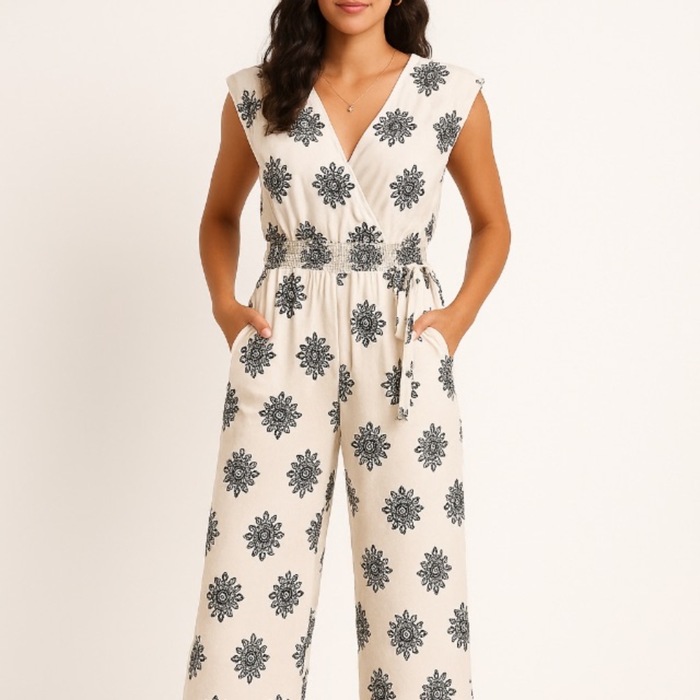 Dress Nado Embroidered Linen-Blend Wide-Leg Jumpsuit Sz M